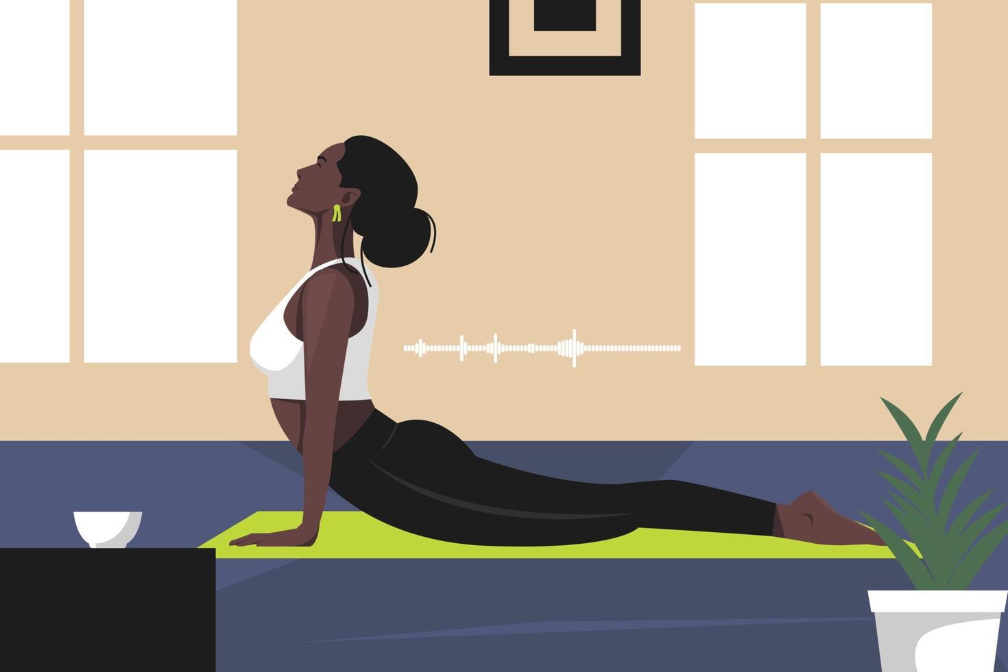 jovem mulher prática ioga e meditando. menina realizando aeróbica exercício e manhã meditação às casa vetor