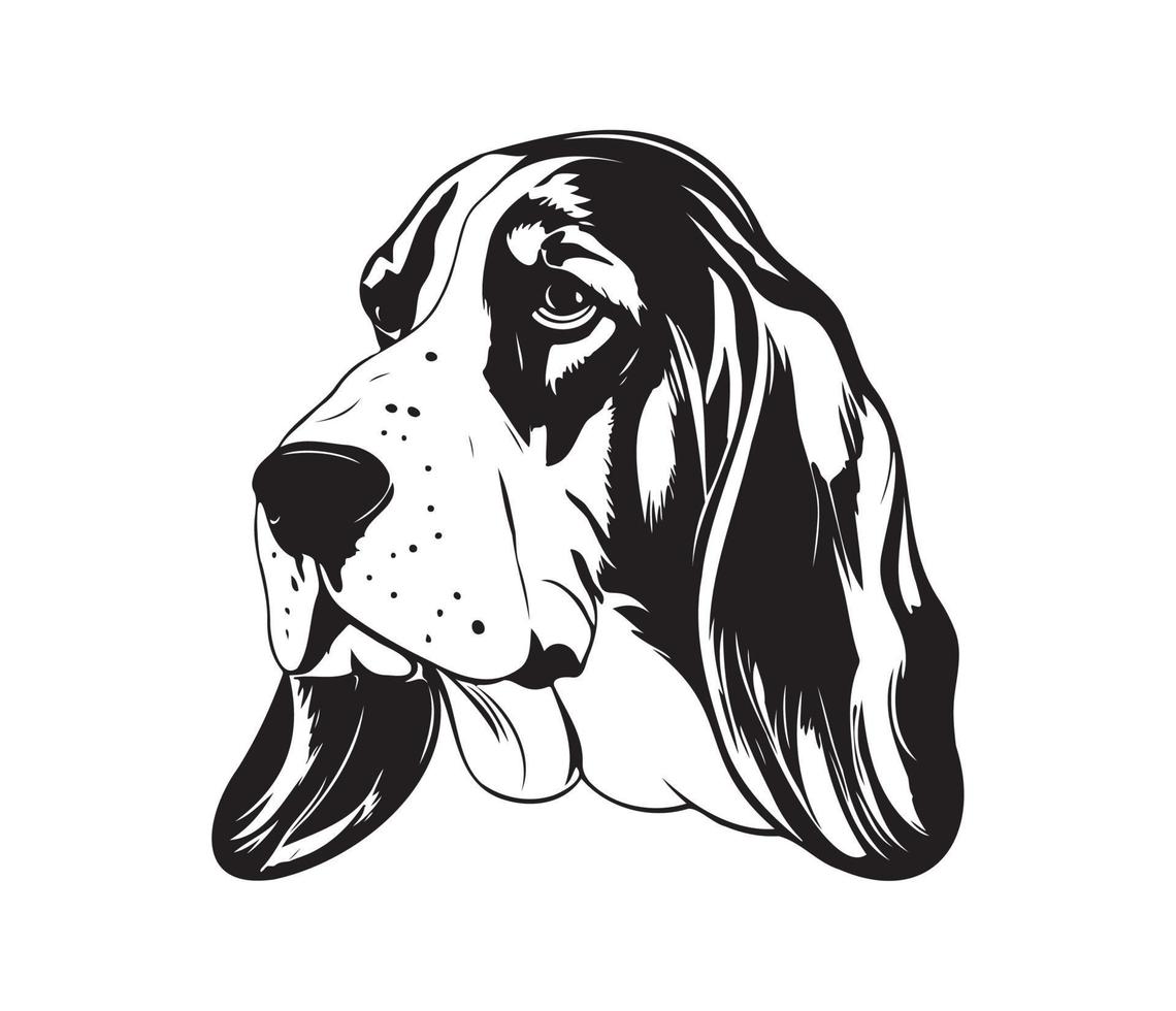 basset cão de caça face, silhuetas cachorro face, Preto e branco basset cão de caça vetor