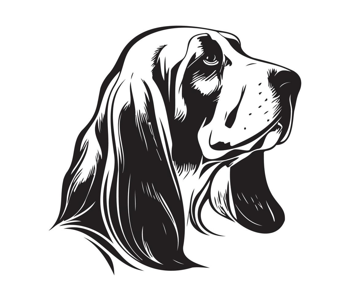 basset cão de caça face, silhuetas cachorro face, Preto e branco basset cão de caça vetor