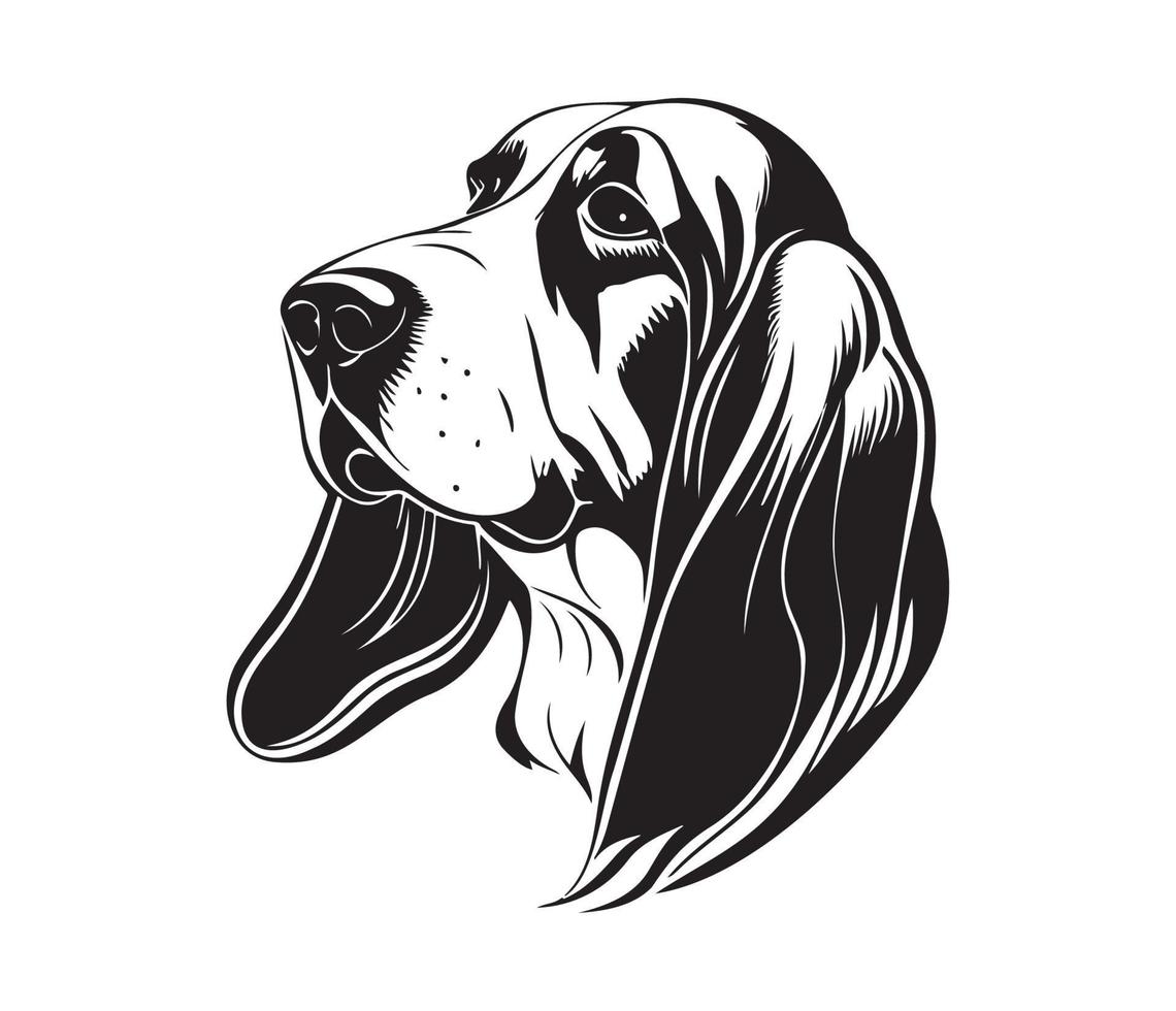 basset cão de caça face, silhuetas cachorro face, Preto e branco basset cão de caça vetor