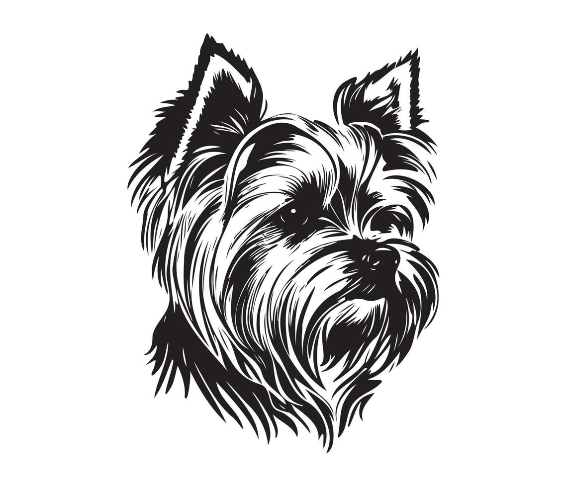 yorkshire terrier face, silhueta cachorro face, Preto e branco yorkshire terrier vetor