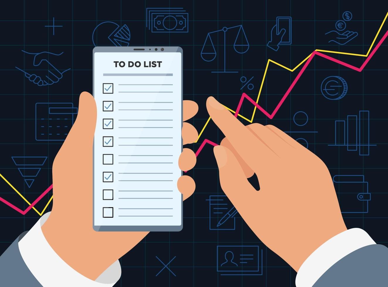 As mãos do empresário seguram um smartphone com o aplicativo de lista de verificação na tela de exibição para um negócio lucrativo bem sucedido em meio a ícones e gráfico de vendas crescentes. ilustração vetorial de aplicativos de tarefas para celular vetor