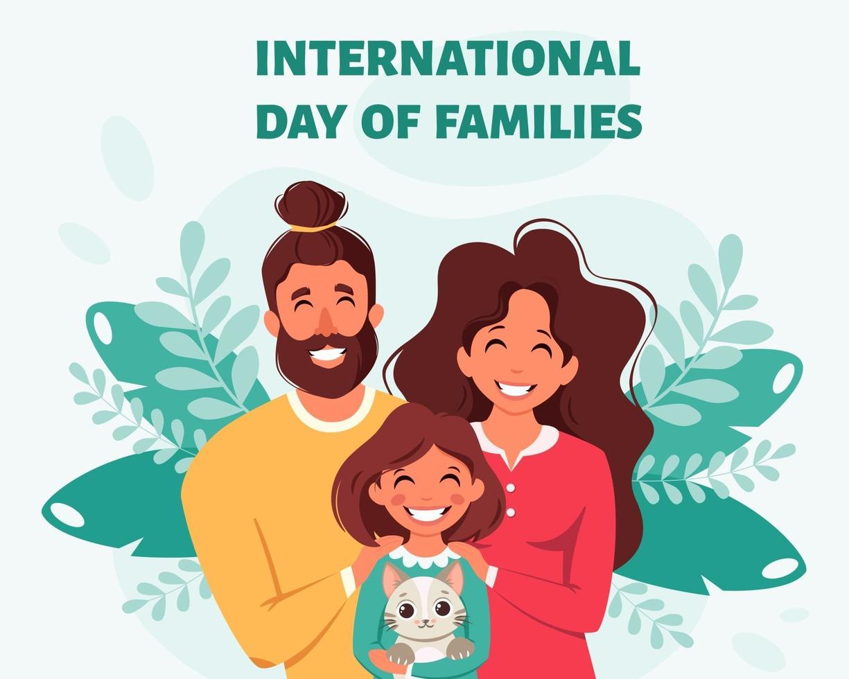 família feliz com filha e gato. dia internacional das famílias. ilustração vetorial vetor