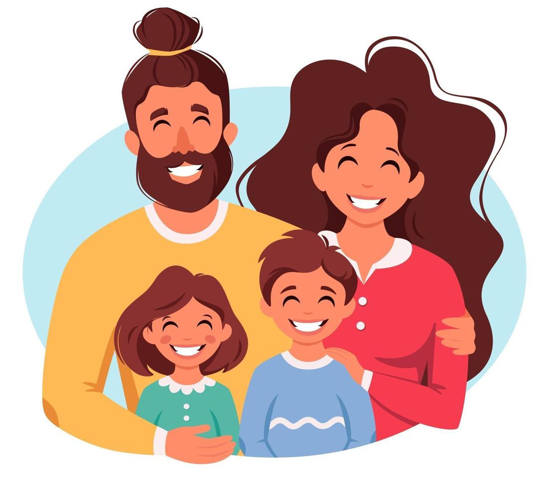 família feliz com filho e filha. pais abraçando crianças. ilustração vetorial vetor