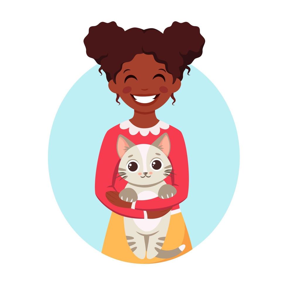 linda garota afro-americana segurando um gato nas mãos vetor