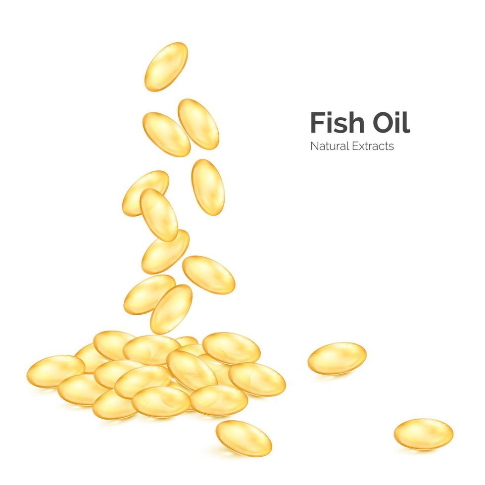 peixe óleo ómega 3. transparente cápsulas com nutrição suplemento. caído pílulas amarelo cor. vetor ilustração isolado em branco