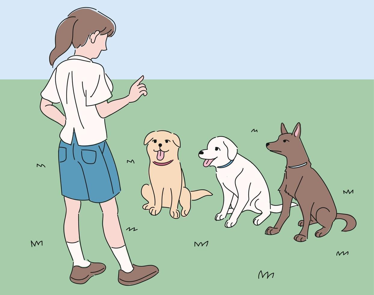 uma garota está treinando cachorros no parque. mão desenhada estilo ilustrações vetoriais. vetor