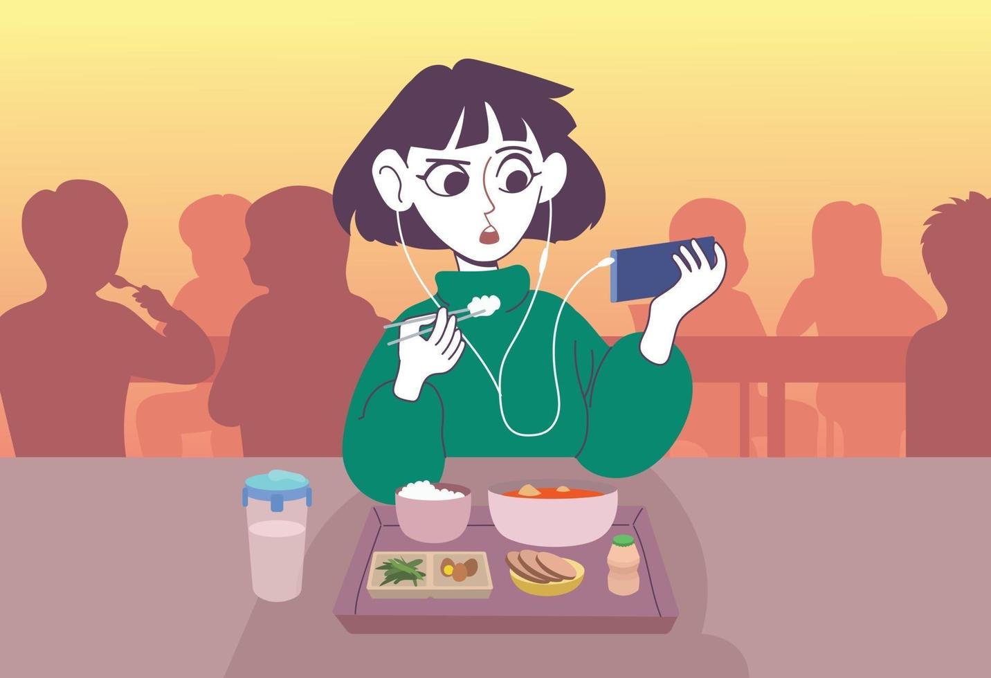 uma mulher comendo uma refeição com fones de ouvido. mão desenhada estilo ilustrações vetoriais. vetor