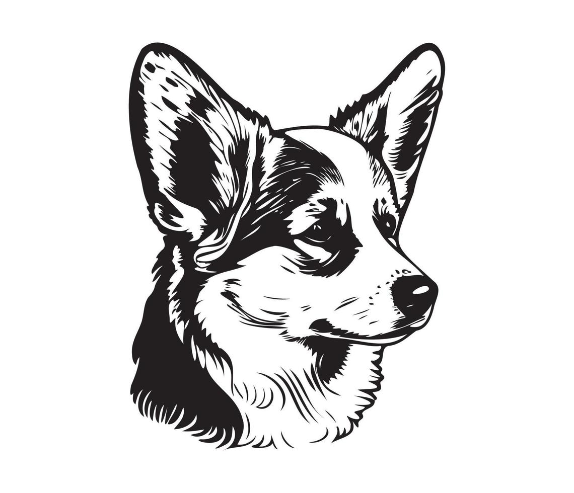 Pembroke galês corgi face, silhueta cachorro face, Preto e branco Pembroke galês corgi vetor