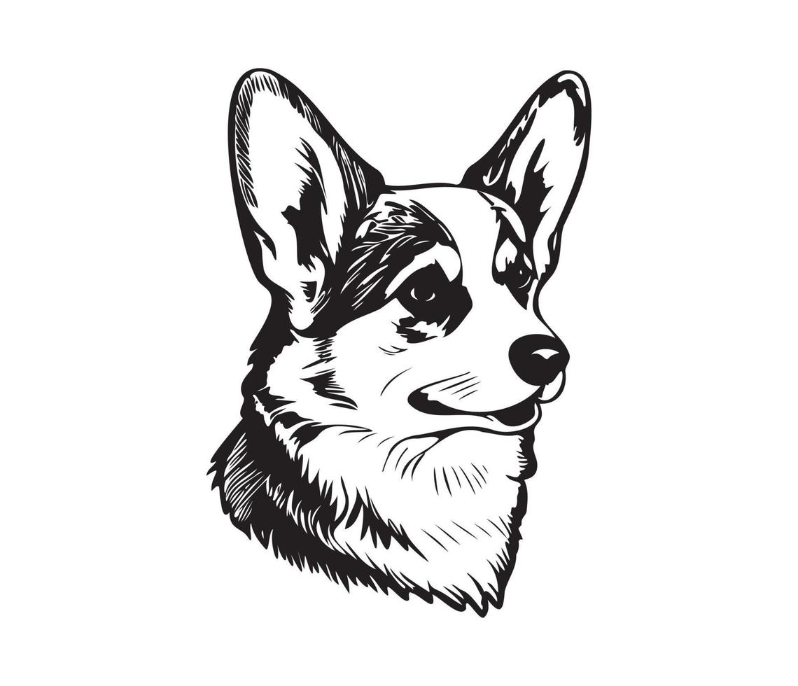 Pembroke galês corgi face, silhueta cachorro face, Preto e branco Pembroke galês corgi vetor