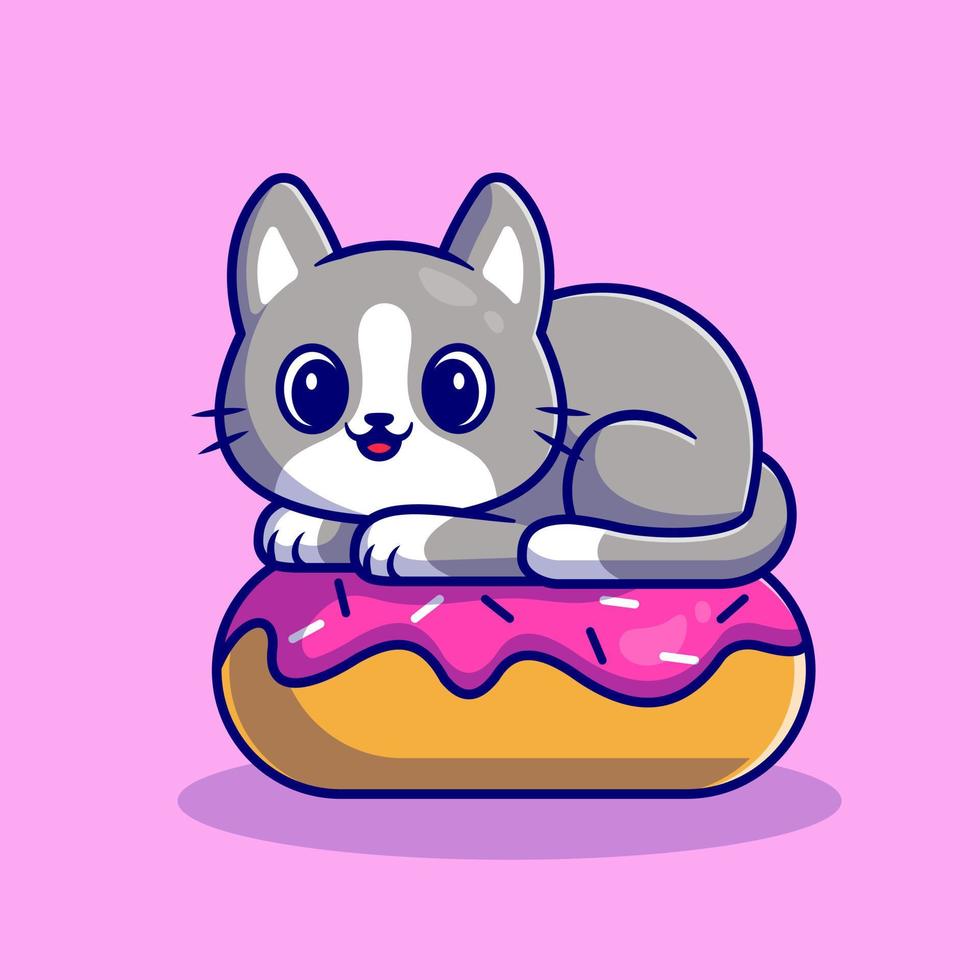 fofa gato com rosquinha desenho animado vetor ícone ilustração. animal Comida ícone conceito isolado Prêmio vetor. plano desenho animado estilo