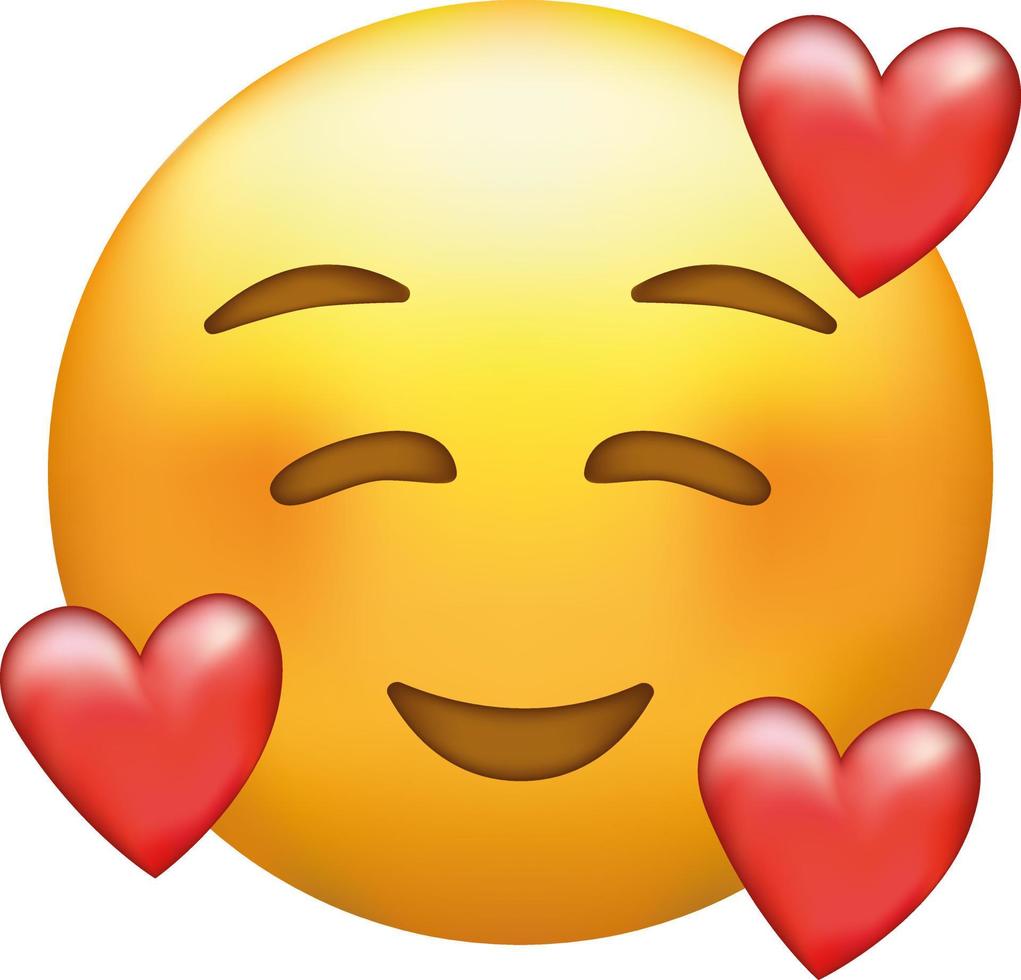 dentro amor emoji. sorridente emoticon com três corações vetor