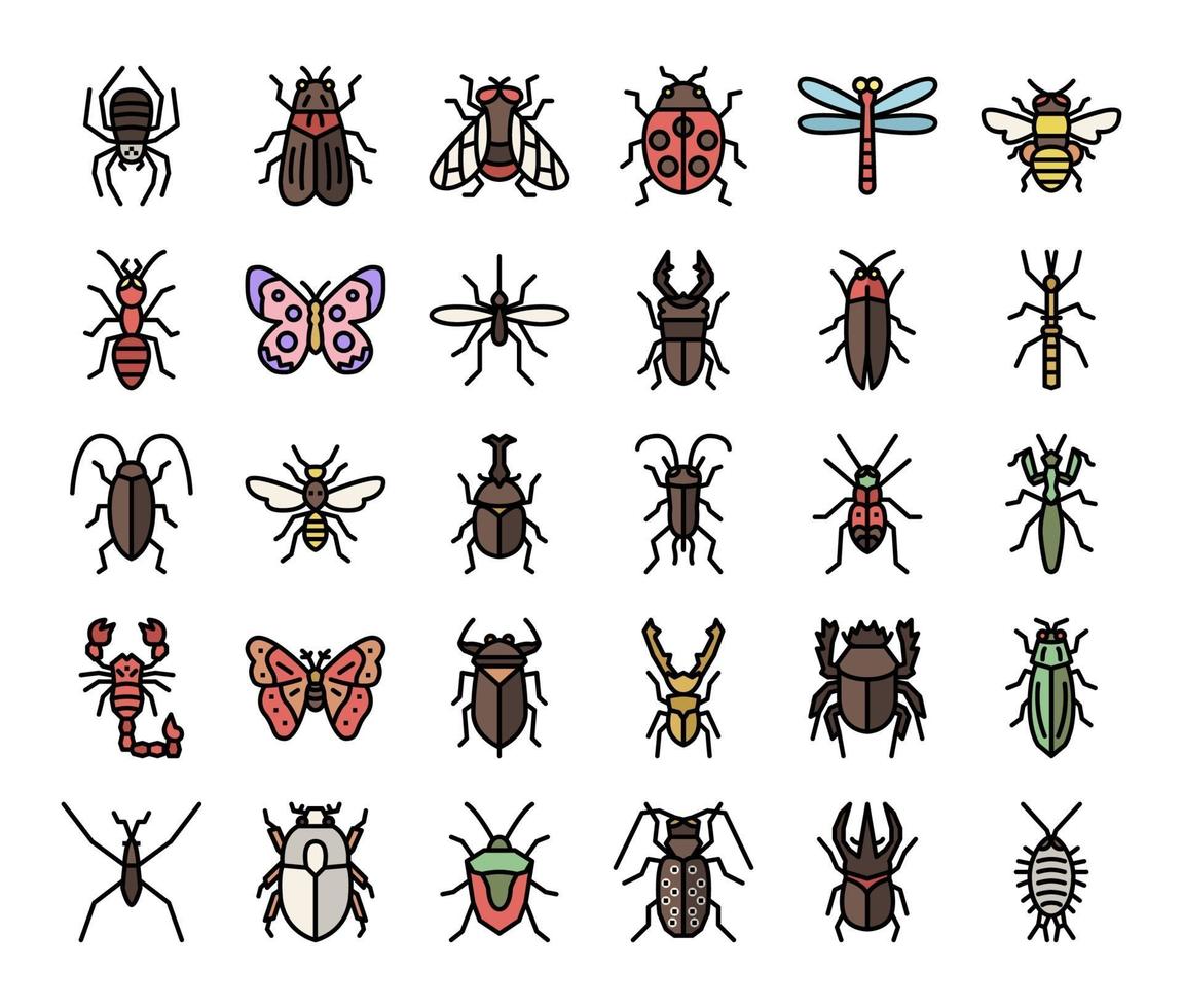 ícones de vetor de contorno de cor de inseto
