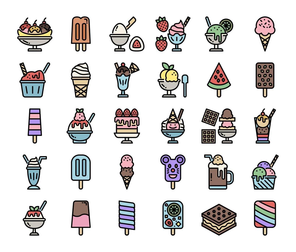 ícones de vetor de contorno de cor do menu de sorvete