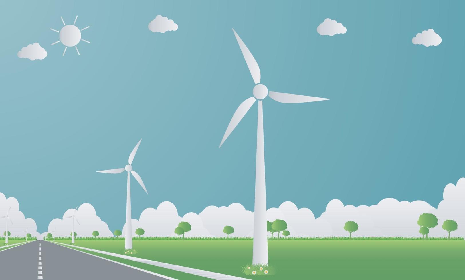 ecologia de fábrica, ícone da indústria, turbinas eólicas com árvores e energia limpa do sol com ideias de conceito ecológico para estradas. vetor