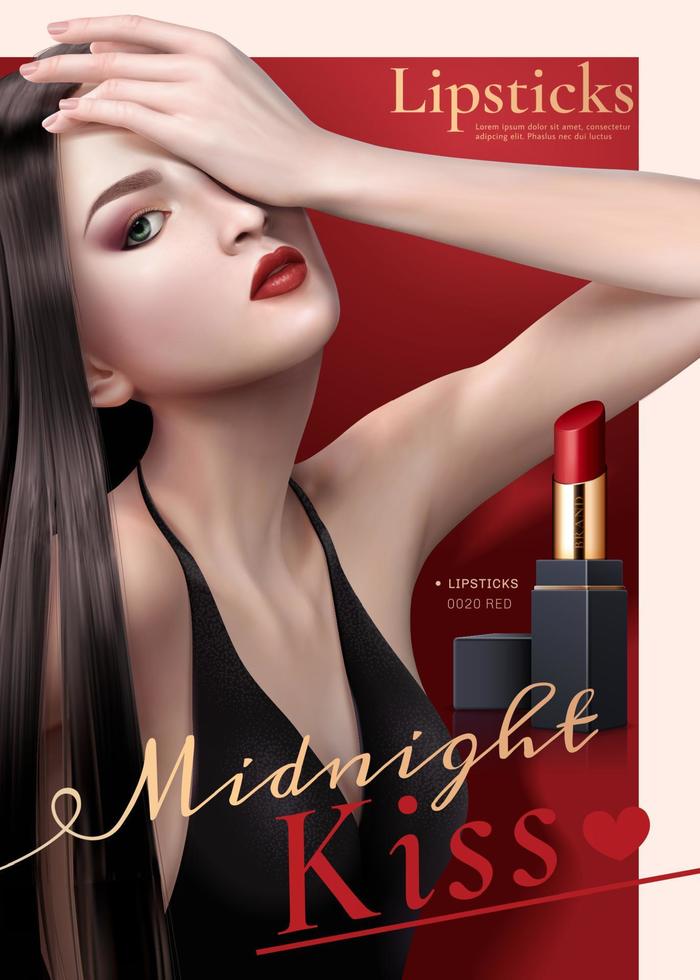 atraente batom Publicidades poster com sexy modelo em vermelho fundo, 3d ilustração vetor