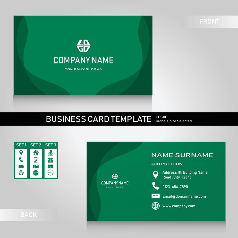 nome moderno verde e pacote de modelo de cartão de visita com conjunto de 3 ícones vetor
