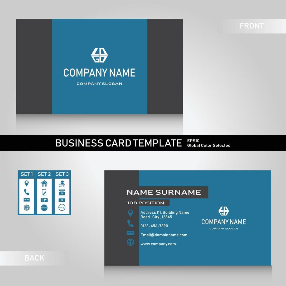 nome moderno preto-azulado e pacote de modelo de cartão de visita com conjunto de 3 ícones vetor