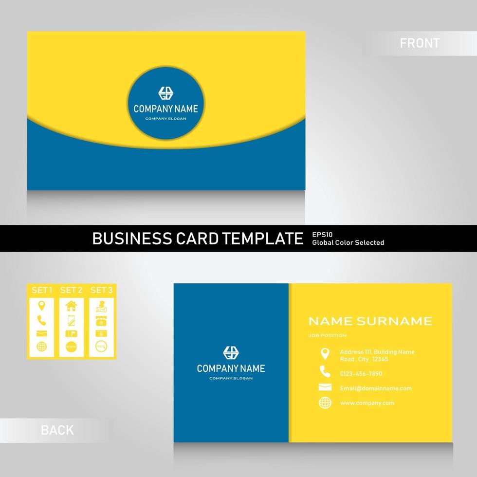 nome moderno azul-amarelo e pacote de modelo de cartão de visita com conjunto de 3 ícones vetor