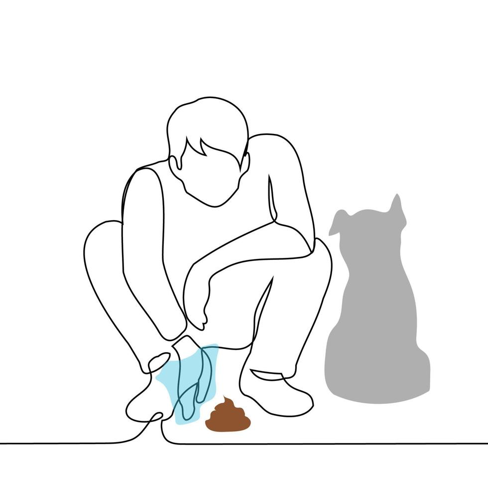 homem limpa a cocô do dele cachorro sentado Próximo para ele dentro uma plástico saco - 1 linha desenhando vetor. a conceito limpar \ limpo acima depois de a animal vetor