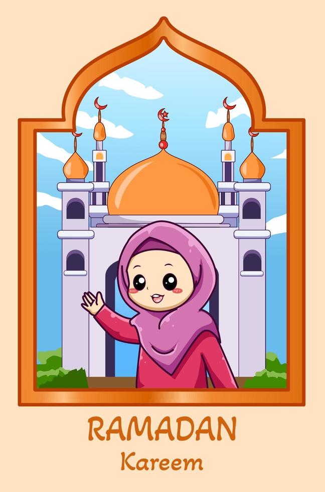 garota muçulmana na mesquita ramadan kareem cartoon ilustração vetor