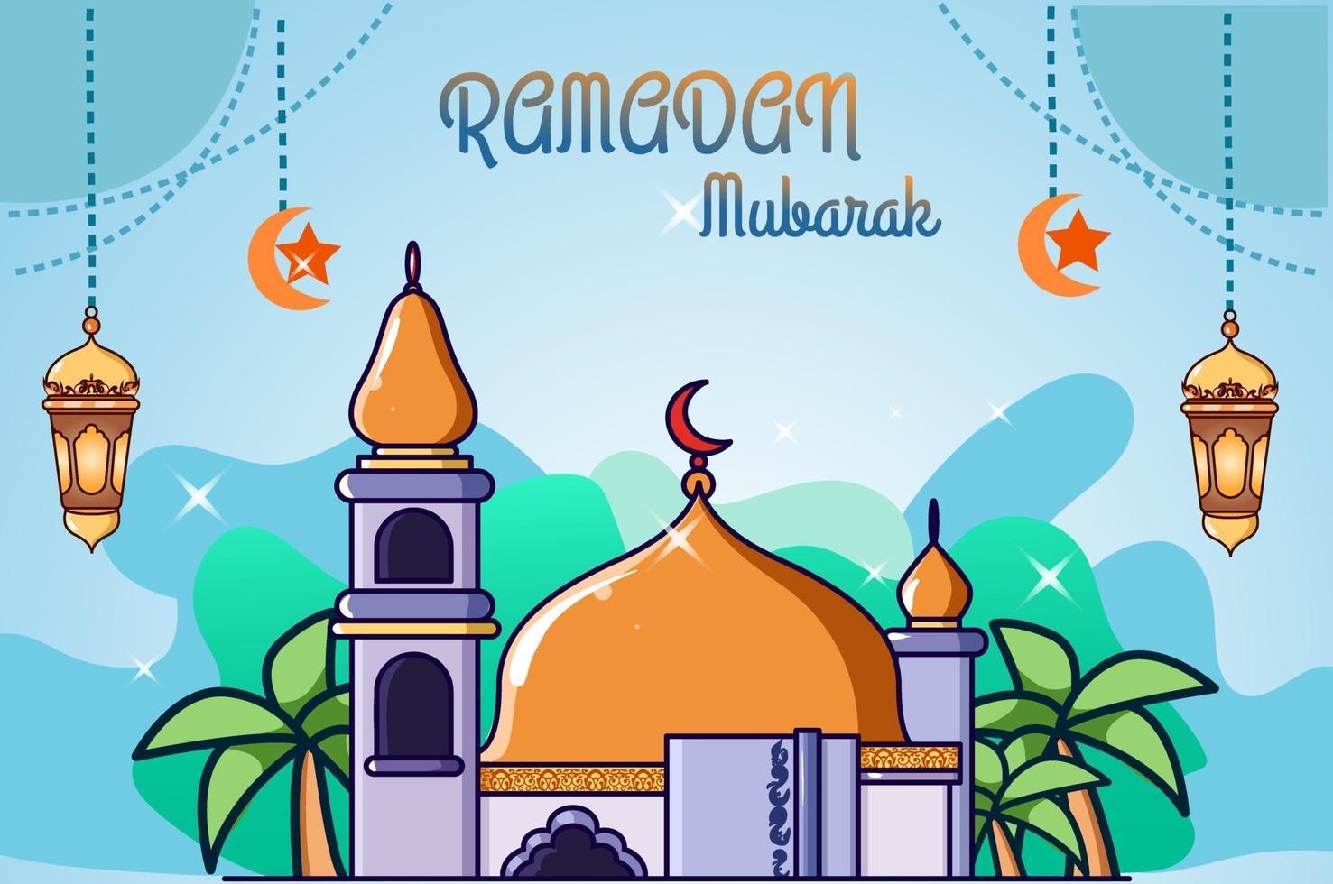 Cúpula laranja da mesquita na ilustração dos desenhos animados Ramadan Kareem vetor