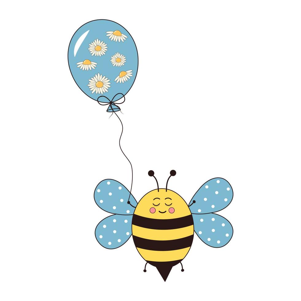 fofa abelha com balão cheio do margaridas. groovy retro personagem. vetor