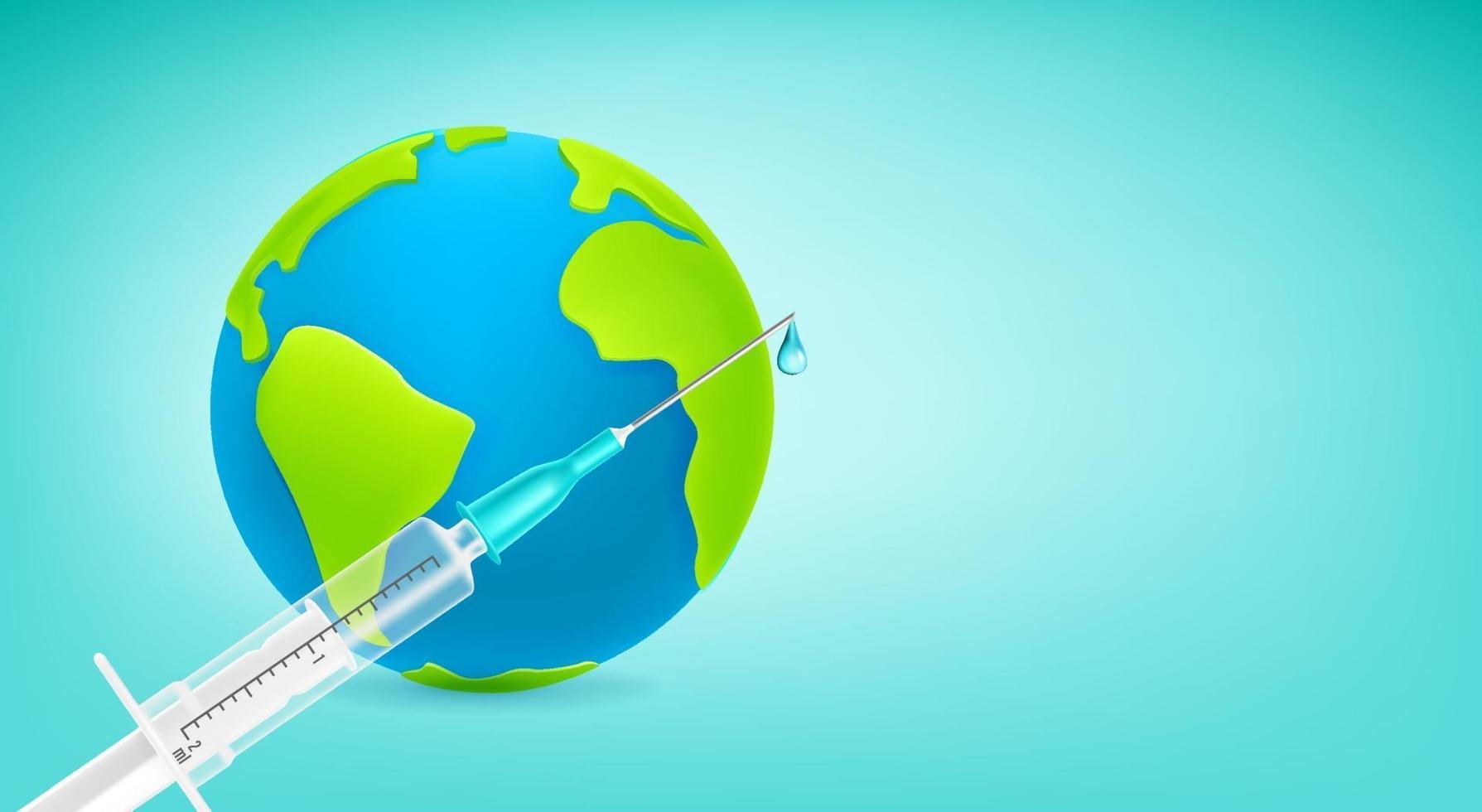 conceito mundial de vacinação. banner com copyspace, seringa e globo vetor