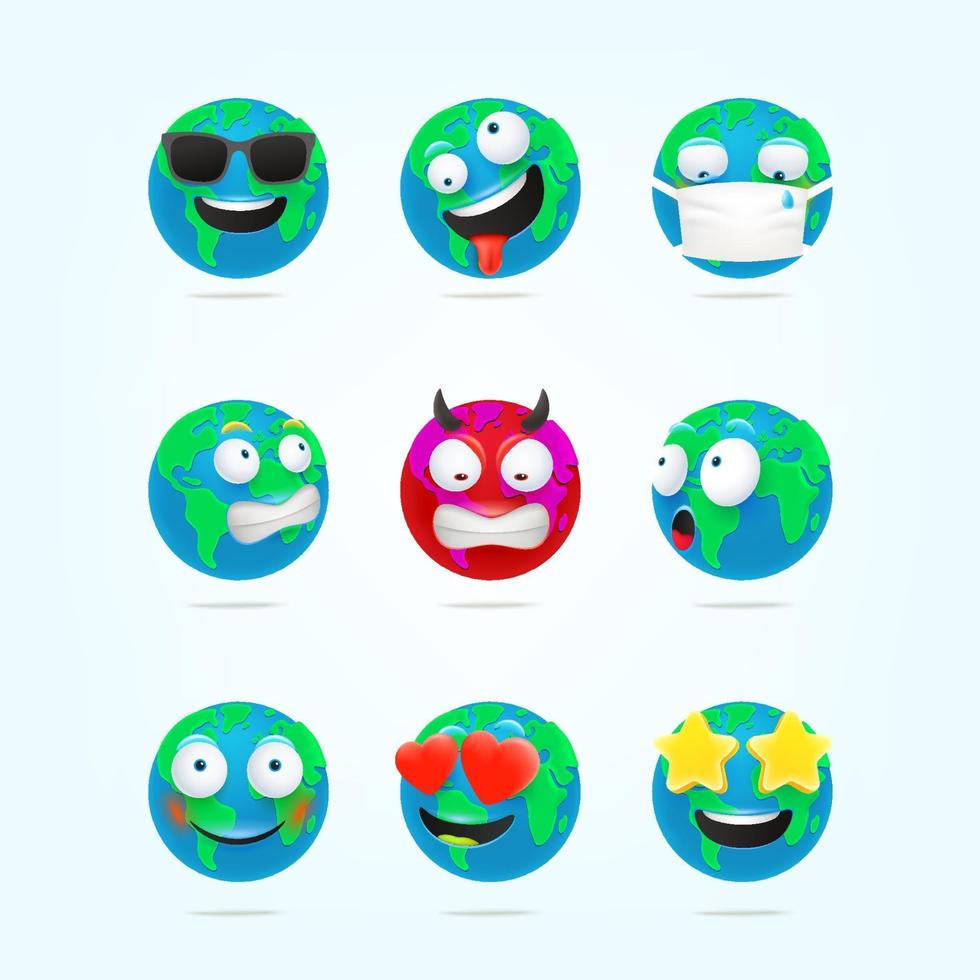 conjunto de vetores emoticons de personagem terra fofa. Personagens terrestres engraçados de estilo 3D