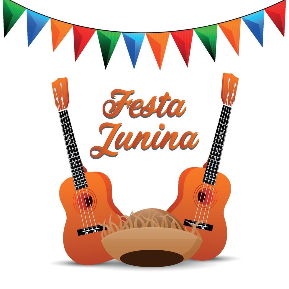 cartão de festa junina com guitarra criativa e bandeira de festa vetor