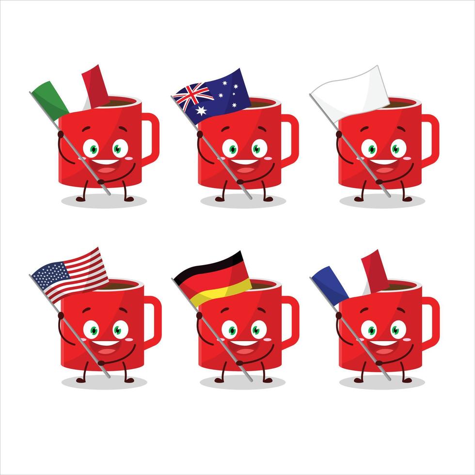 vidro do café desenho animado personagem trazer a bandeiras do vários países vetor