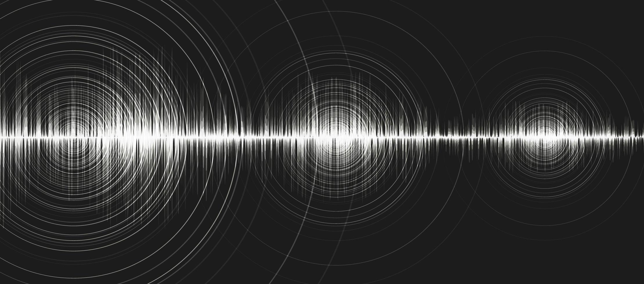 onda de som digital branca baixa e escala de richter de alto nível com vibração de círculo em fundo preto, tecnologia e conceito de diagrama de onda de terremoto, design para estúdio de música e ciência, ilustração vetorial. vetor