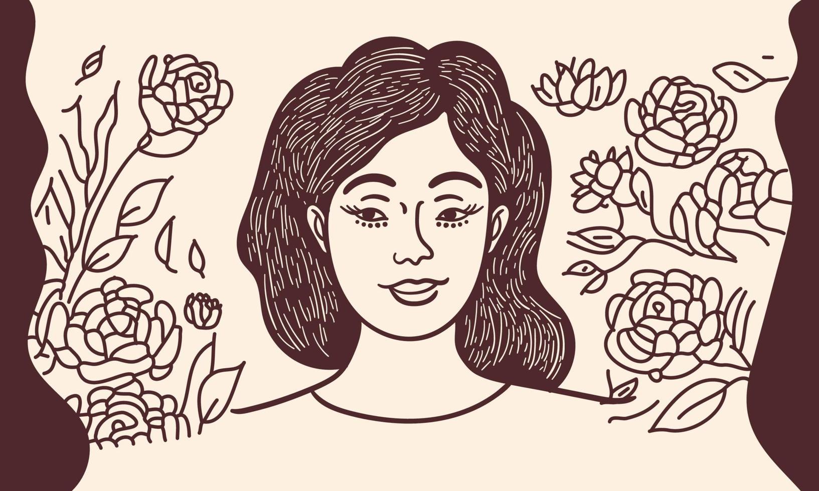 desenhando risonho jovem menina face em floral decorado fundo. vetor