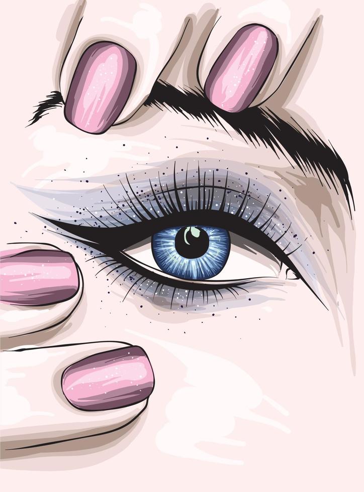 menina com linda maquiagem nos olhos e manicure. moda e estilo. vetor