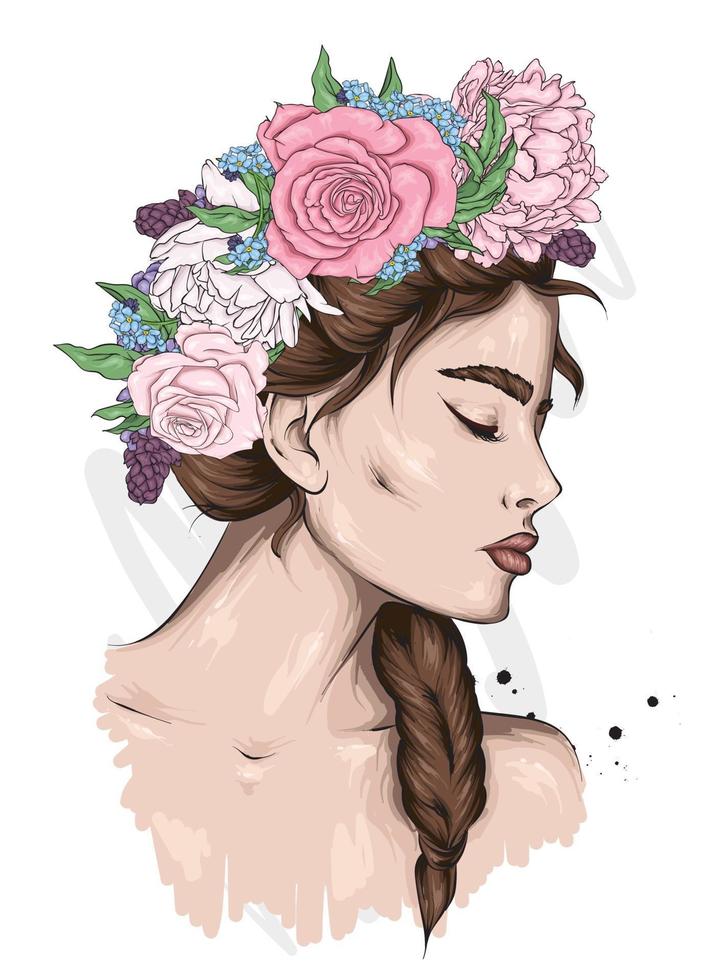 retrato de uma linda garota em uma coroa de flores. moda e estilo, roupas e acessórios. vetor