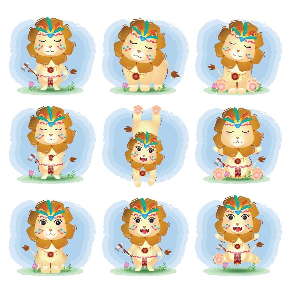 coleção de leões fofos com traje tradicional vetor