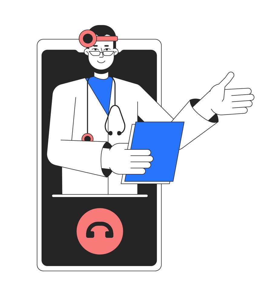 conectados ent médico em telefone plano linha conceito vetor local ilustração. otorrinolaringologista 2d desenho animado esboço personagem em branco para rede ui Projeto. editável herói imagem para local na rede Internet pousar, Móvel cabeçalho