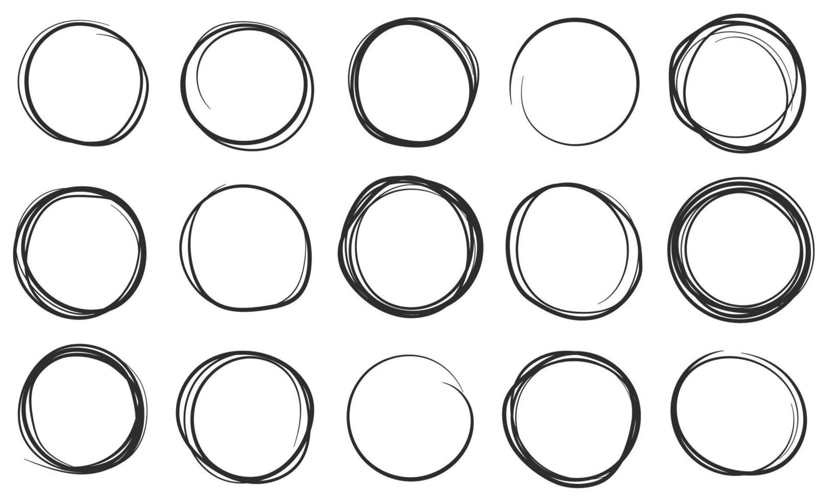 mão desenhado círculos, circular escova caneta acidente vascular encefálico rabiscos. rabisco círculo, volta lápis quadro, esboço bolha rabisco desenhando vetor conjunto