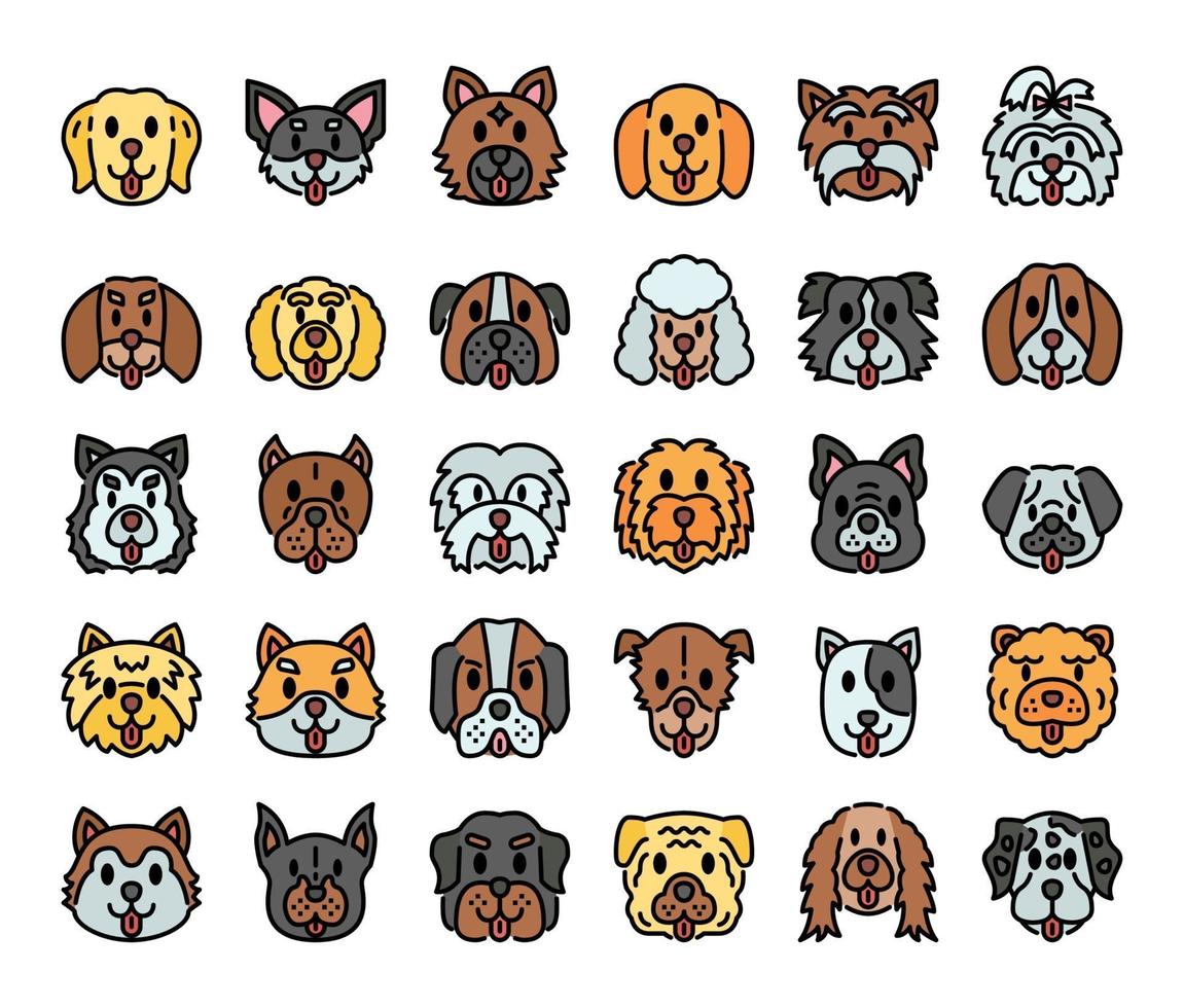 ícones do vetor de contorno de cores de raças de cães