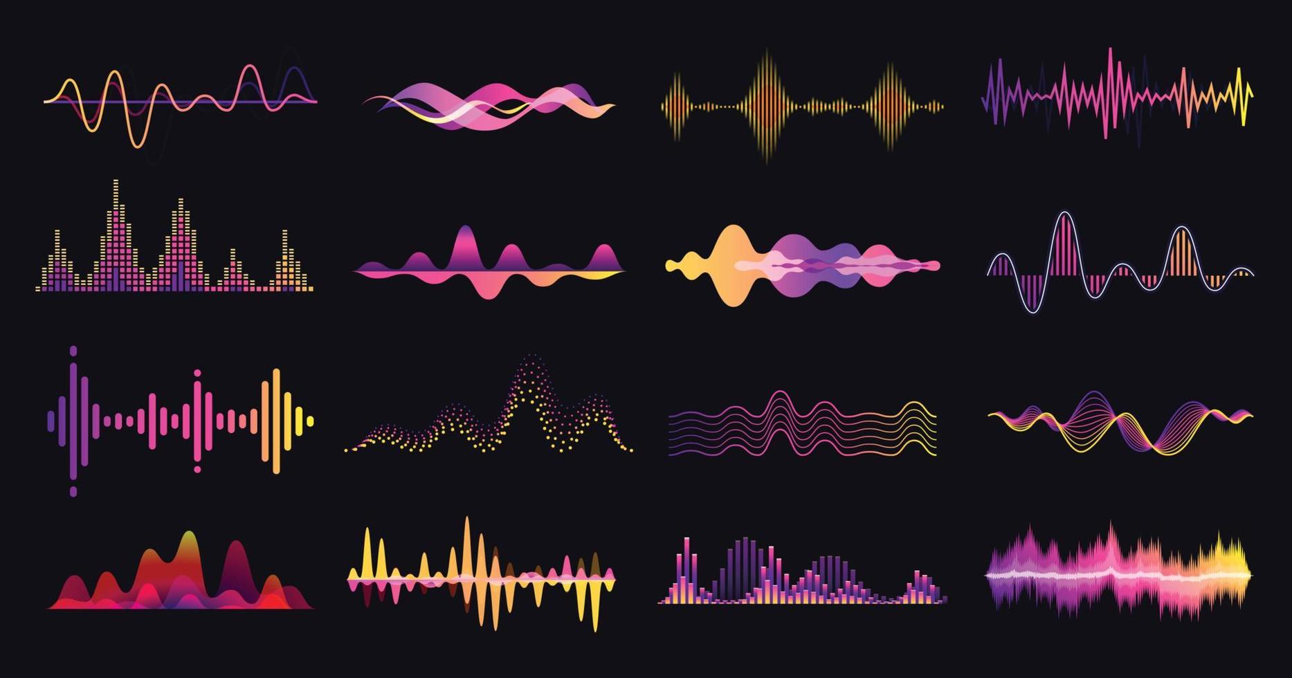 colorida som ondas, abstrato música audio frequência. voz onda sonora, eletrônico equalizador, som amplitude, rádio forma de onda vetor conjunto