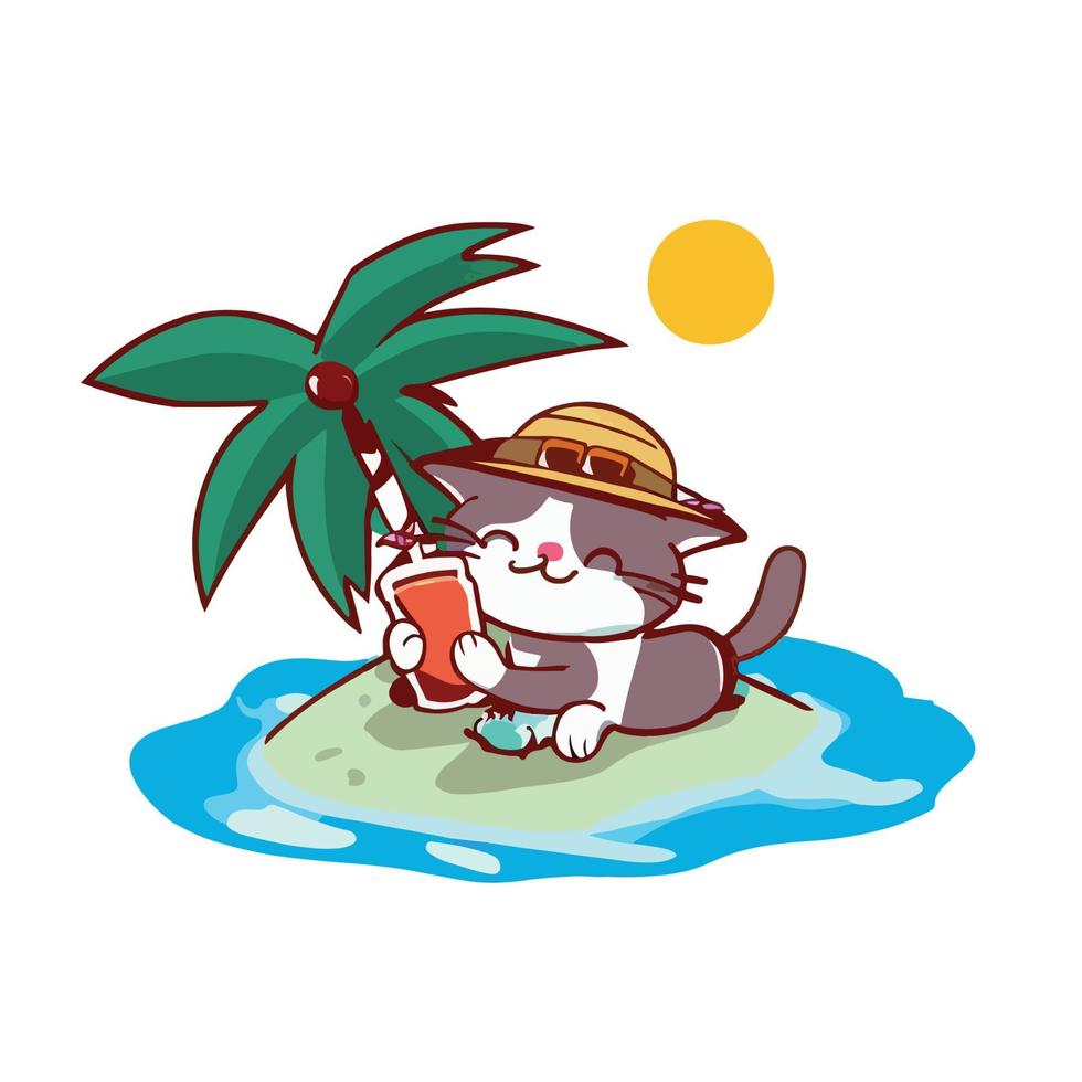 fofa gato apreciar verão banhos de sol em uma pequeno ilha debaixo coco árvore enquanto bebendo gelado suco vetor