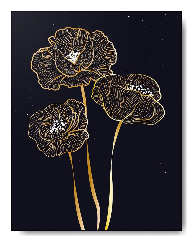 na moda poster com dourado gradiente papoilas flores em Preto pano de fundo. luxuoso arte para cobrir, poster, cartão, bandeira, folheto etc. vetor ilustração