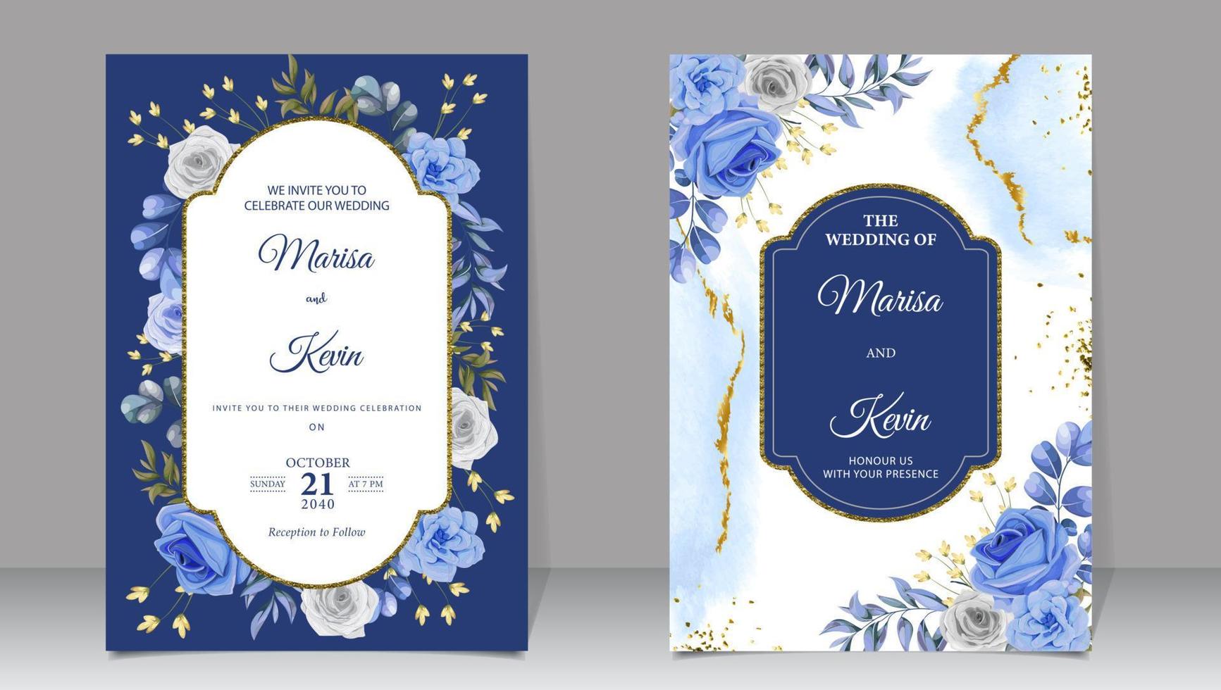 luxo Casamento convite com azul flores e ouro brilhar vetor