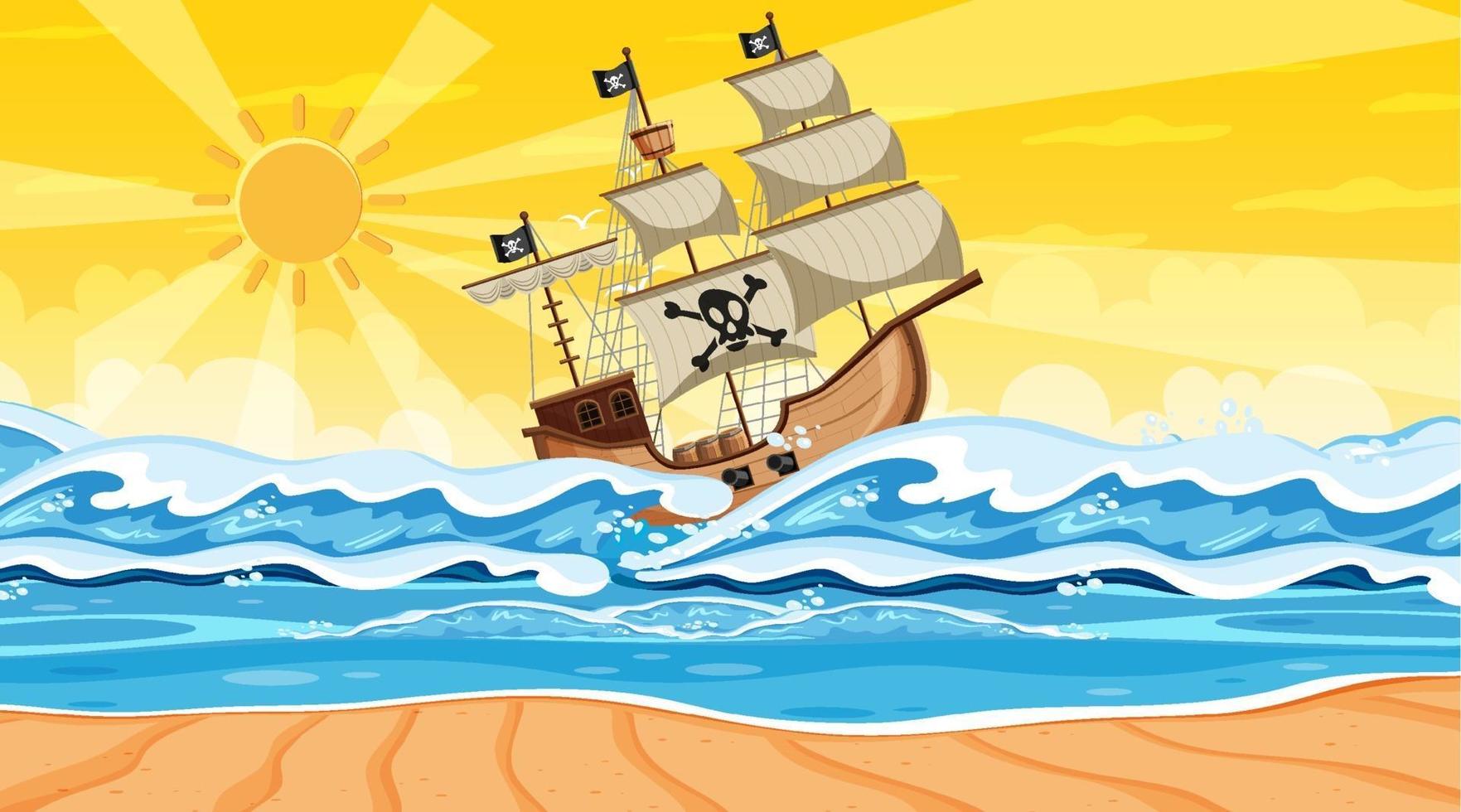 cena de praia ao pôr do sol com navio pirata em estilo cartoon vetor