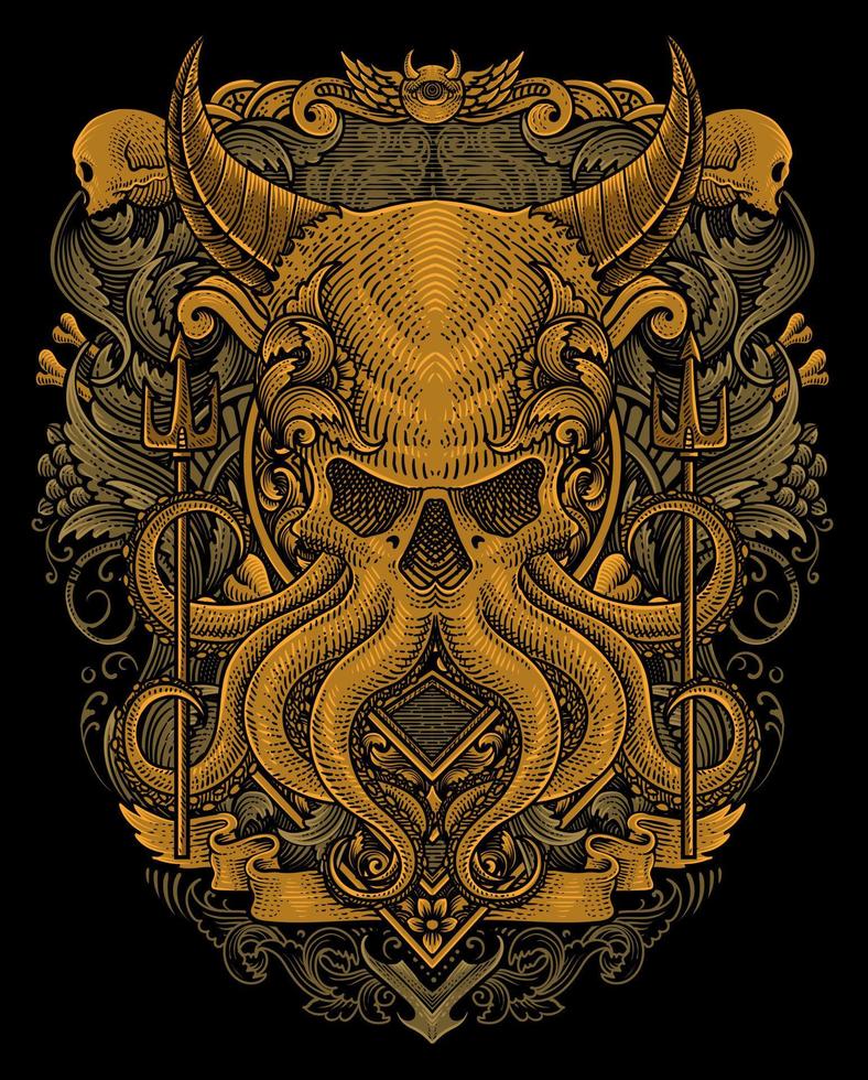 ilustração demônio polvo com dois tridente Antiguidade gravação enfeite estilo Boa para seu mercadoria dan t camisa vetor