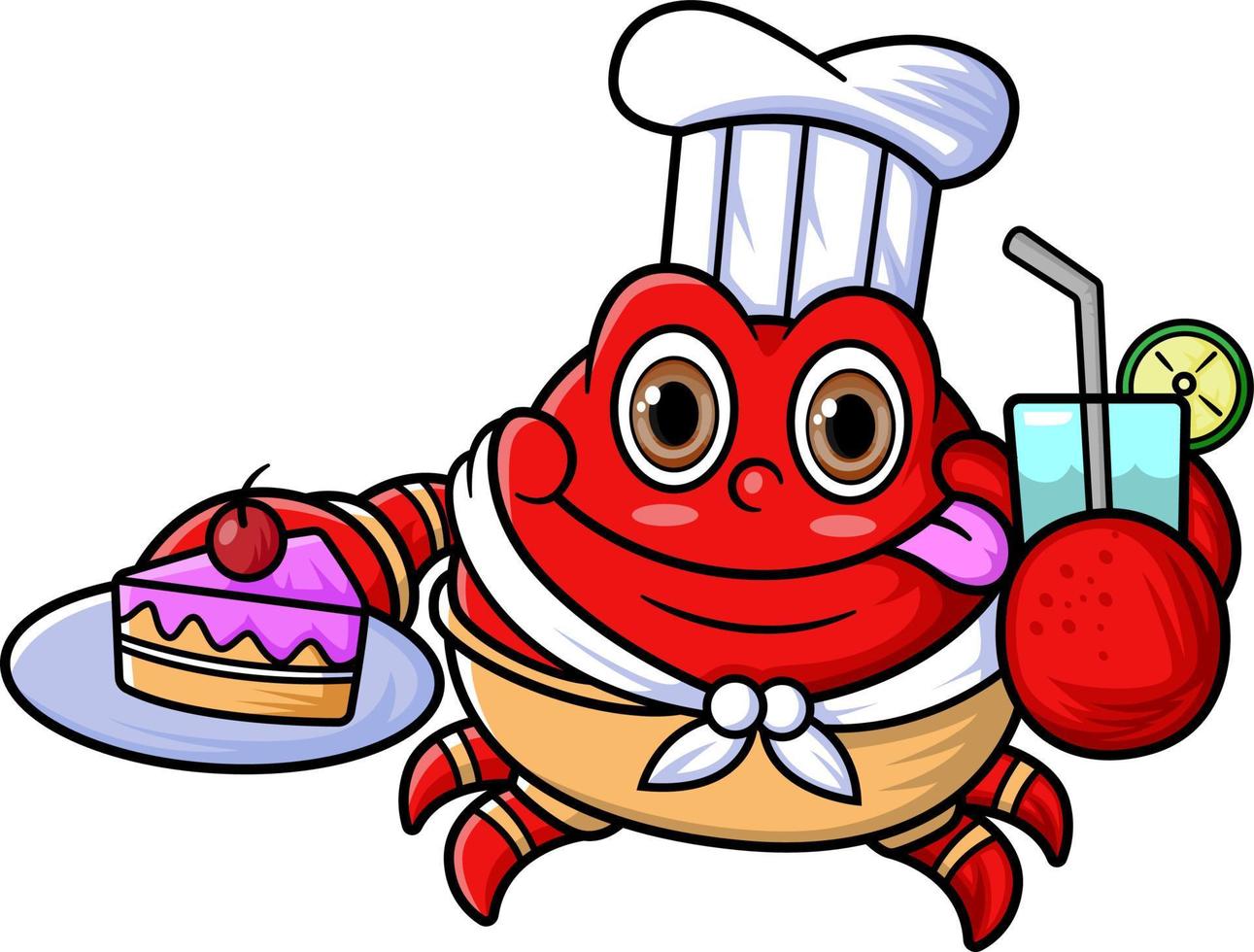 a mascote personagem do uma fofa caranguejo trabalho Como uma profissional chefe de cozinha estava carregando uma prato do bolos e fresco bebidas vetor