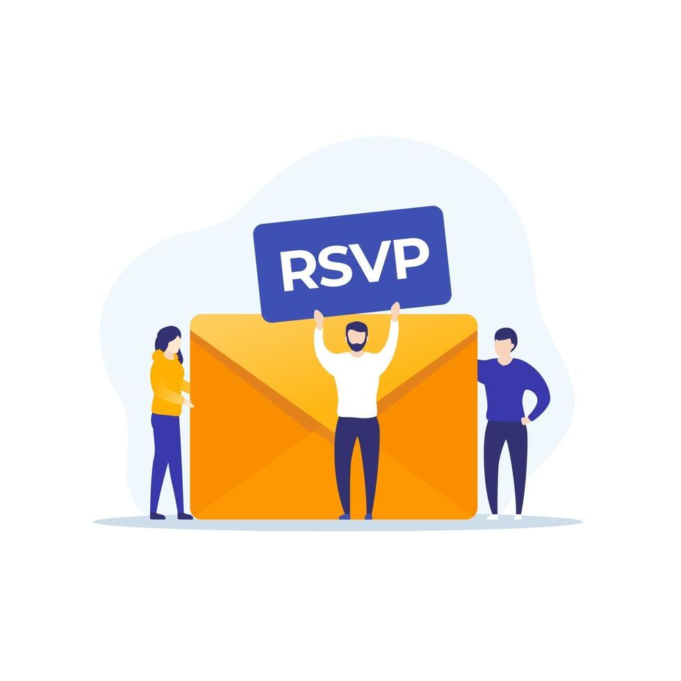 rsvp, envelope e pessoas, ilustração vetorial vetor