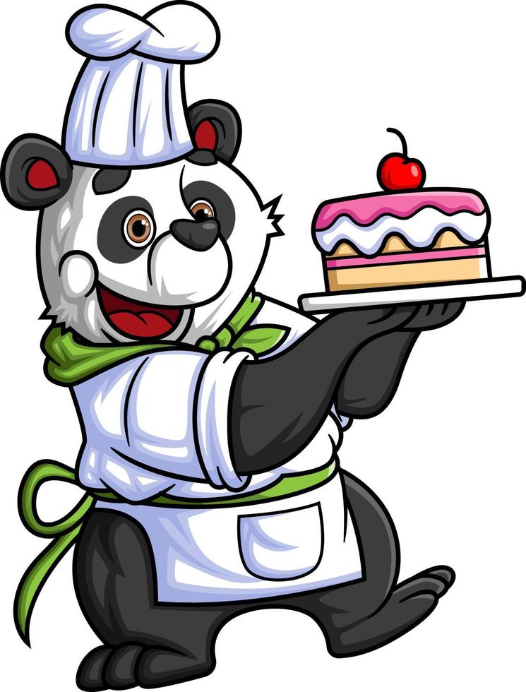 uma fofa desenho animado panda trabalhando Como uma profissional chefe de cozinha, carregando uma aniversário bolo vetor