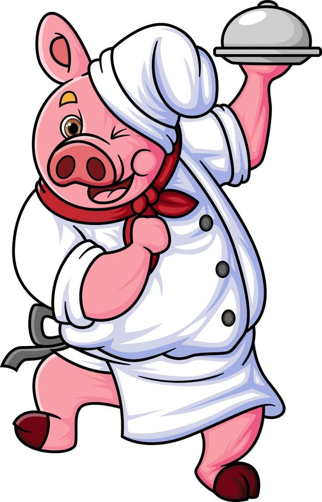 uma gordo desenho animado porco trabalhando Como uma profissional chefe de cozinha, sentindo-me feliz e dançando enquanto carregando a ferro prato vetor