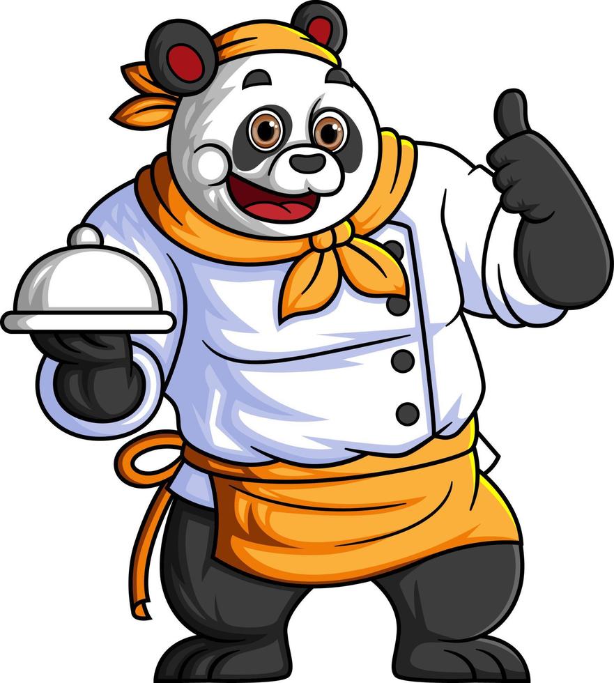 uma fofa desenho animado panda trabalhando Como uma profissional chefe de cozinha, carregando uma aço prato e posando com uma polegares acima vetor